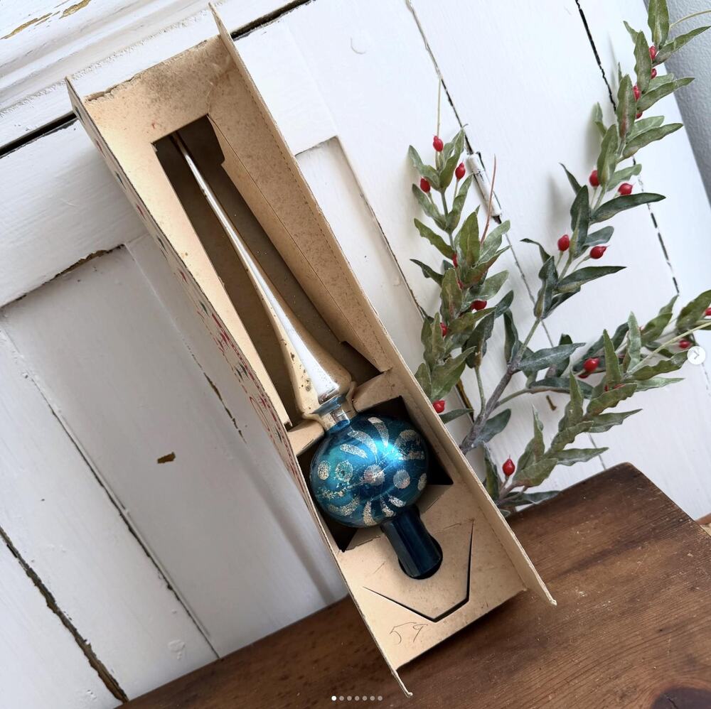 Vintage Shiny Brite Blue Silver Glass Tree Topper Hand Painted Tarnish Box